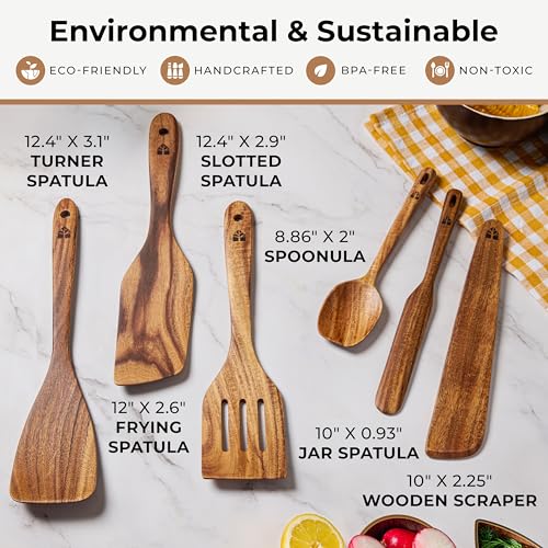 Image of Wooden Spatula for Cooking - Non-Scratch, Sturdy, Natural Teak Cooking Utensils - Easy to Clean Wooden Spatula Set with Turner, Scraper, Slotted & Frying Wood Spatulas, Jar Scraper, Spoonula - 6 Pcs