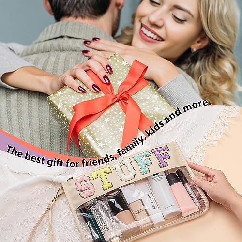 Chenille Letter Clear Bag, Chenille Letter Stuff Pouch Varsity Letter Bag Nylon Clear Cosmetic Bag Clear Zipper Pouches Clear Makeup Bags Clear Travel Bags Clear Tote Bags for Women Girls (Off-white) - Image 6