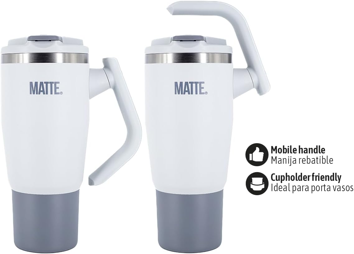 Matte 32 oz tumbler with handle and straw - Leak Proof Tumbler - Insulated Tumblers - Stainless Steel Tumbler - Hot and Cold Drinks (Cool Gray, 32oz) - Image 2