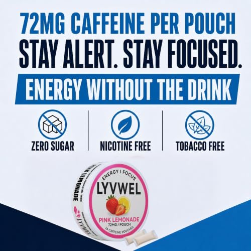 Image of LyvWel 72mg Caffeine Energy Pouches - Spearmint, Peach Sweet Tea, Pink Lemonade - Clean Energy & Focus with Guarana - 3-Pack (48 Total Pouches)