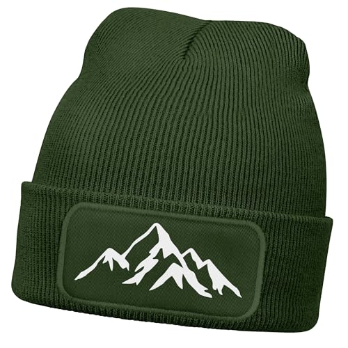 Neverless® Damen Beanie mit Patch Berge Natur Outdoor Aufdruck Print Wintermütze Frauen Strickmütze Oliv Unisize