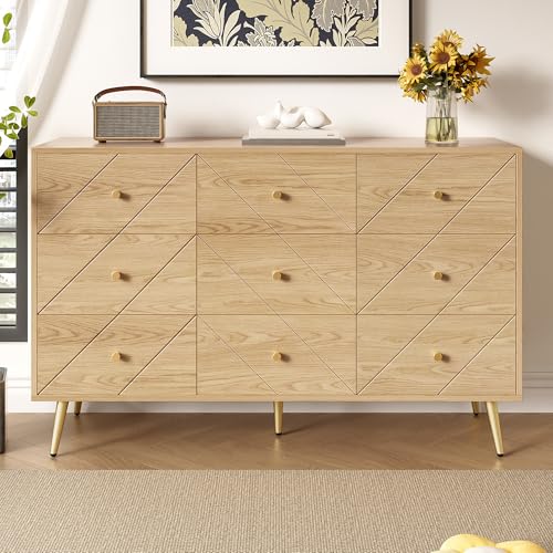 Soweiz Cómoda de 9 cajones con patas de hierro, solución de almacenamiento para dormitorio, salón y pasillo. Construcción robusta de PB con patrones geométricos y prácticos botones