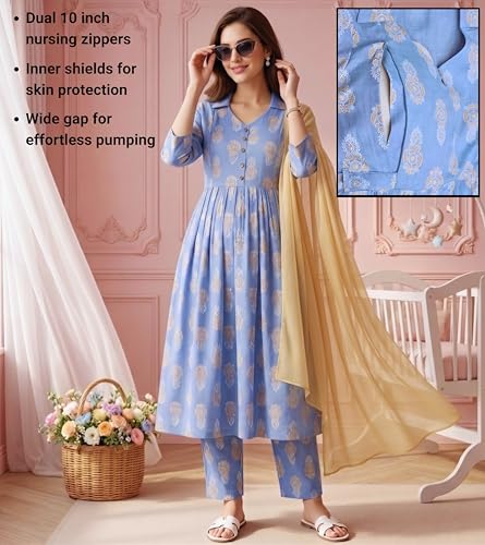 Image of DUMMY SHAPE Maternity Dresses for Women Cotton Rayon | Floral Kurta Pant Dupatta Set with Nursing Zippers to Pre & Post Partum | Feeding Kurtis | Mom to Be Gifts for Pregnant Woman