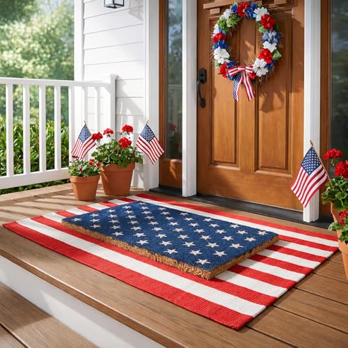 2 Pcs 4th of July Door Mat Set Layered Welcome Mats Combo with Red White Striped Rug & Natural Coir Doormat Patriotic American Flag Front Porch Decor for Independence Day Memorial Day