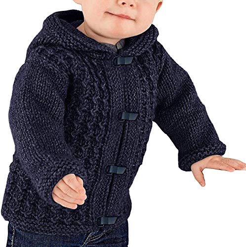 Makkrom Kids Baby Boys Girls Knit Hooded Cardigan Sweater Cable Button Up Winter Warm Toddler Outwear Navy