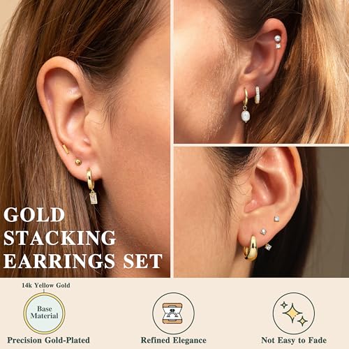 BESTEEL 13 Pairs Small Gold Hoop Earrings Set for Women 14K Gold Plated Lightweight Huggie Hoops Hypoallergenic Pearl Dainty Stud Hoop Earrings for Gift, Gold