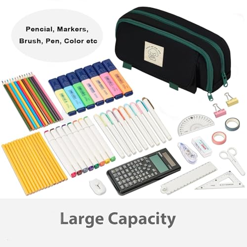Image of Canvas School Bag Pencil Case, 3 Layer 6 Compartment Large Capacity, Aesthetic Pencil Pouch for Stationary, Cute Stationery for Kids, Pencil Case for Girls & Boys (Green+Black)