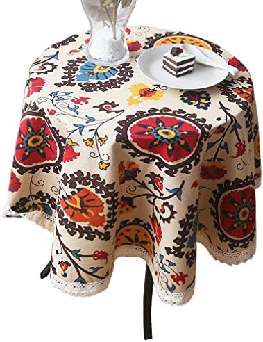 Aothpher Modern Boho Floral Jacquard Washable Round Tablecloths Sunflower with Lace for Round Table, Diameter 60 Inches