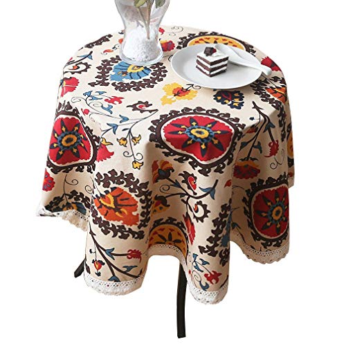 Aothpher Modern Boho Floral Jacquard Washable Round Tablecloths Sunflower with Lace for Round Table, Diameter 60 Inches