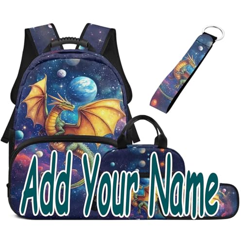 School Backpack for Boys, 4Pcs Personalized Dragon Backpack Set, Kids Bookbag for Kindergarten/Elementary/Preschool, Moon 17