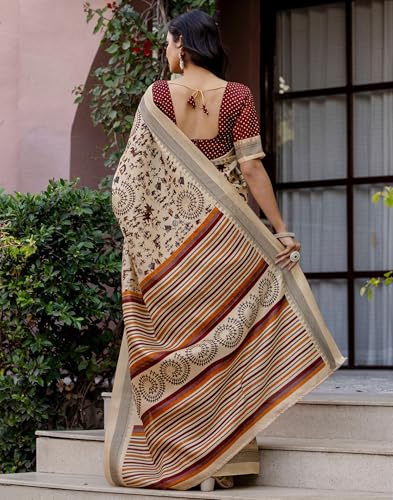 Image of SIRIL Women's Cotton Printed Saree with Unstitched Blouse Piece