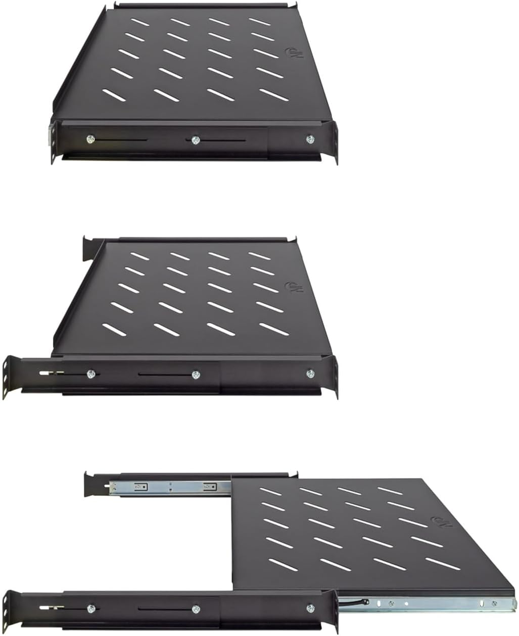 4-Post Sliding Server Shelf, Cold Rolled Steel, Black, Venting, Adjustable, 350mm Depth, 7.5 lbs, Rack Mount, 1U(1RU)