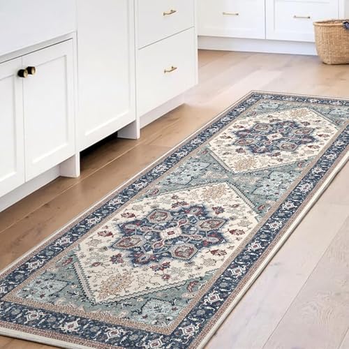OPPODREAM Soft Entryway Rug 2x6, 2x6 Rug Runner, Washable Hallways Carpet 2 x 6 with Non Slip Backing, Low-Pile Bedside Carpet 2 x 6, Long, Faux Cashmere, Navy Blue & Red & Cream