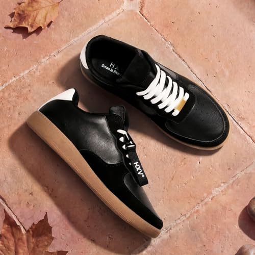 Image of HXV Women Fashion Sneakers Casual Tennis Shoes Retro Trendy Low Top Lace-Up Breathable Non Slip Lightweight Comfortable Zero Drop Cute Flat Walking Shoes