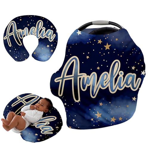Image of Personalised Car Seat Cover for Babies - Multi-use Carseat Canopy Cover with Name, Dark Blue Star Car Seat Covers, Christmas Birthday Gifts for Infant Boys and Girls
