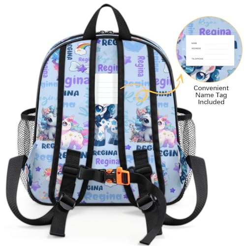 Personalized-Toddler-Backpack - Custom Kids Backpack for Boys & Girls 3-6 Years, Lightweight Polyester with Safety Whistle Strap, Small Daycare Bookbag | Cute Unicorn Blue4
