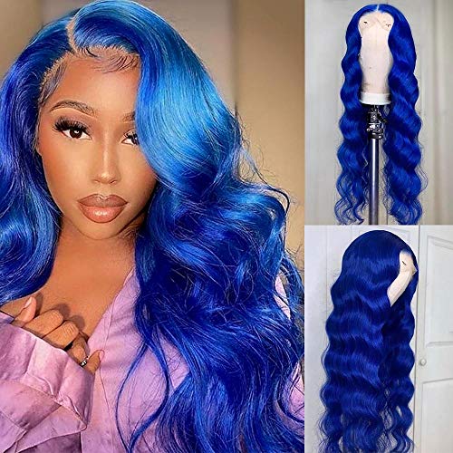 Lace Front Blue Wig For Black Woman Dark Blue Hair Wigs Long Body Wave Glueless Wig Blue Water Wave Wig 22 Inch Middle Hairline Fiber Wig Daily Life Cosplay Wig