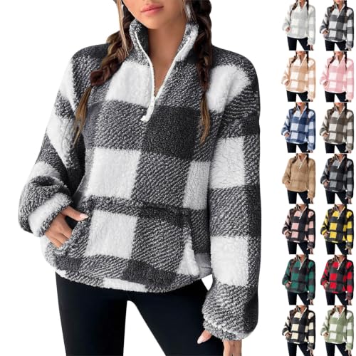 Sherpa Sweatshirt Women Long Sleeve Oversized Plaid Quarter Zip Pullover