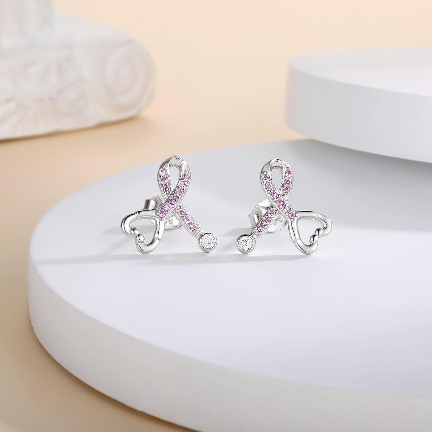 Sterling Silver Stethoscope Stud Earrings 925 Breast Cancer Awareness Pink Ribbon Earrings for Women Breast Cancer Medical Docter Nurse Jewelry gift - Image 3