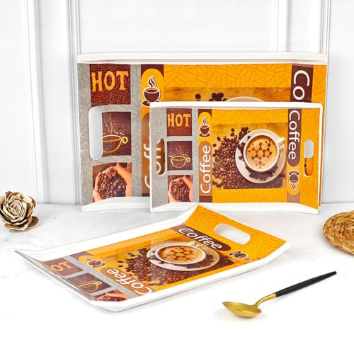 Image of U.P.C Premium Melamine Serving Tray Set of 3, Rectangular Serving Trays with Handles for Tea, Coffee, Drinks, Snacks & Breakfast, Durable Lightweight Kitchen Trays (FL22)