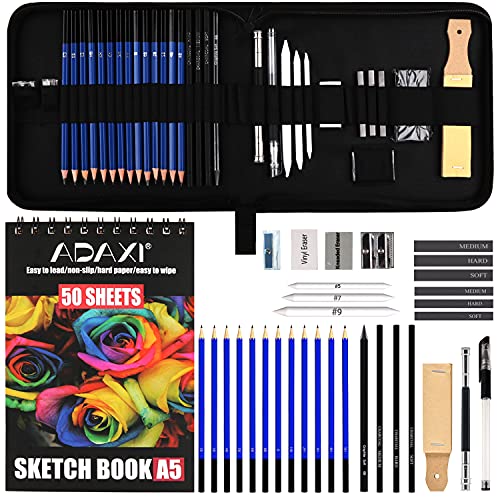 ADAXI Drawing Pencils with Sketch Book 50 Pages, 35 Piece Sketch Pencils Professional Drawing Kit in Zipper Case, Sketching Art Set with Graphite Charcoal Sticks Tool for Adults Kids All in One Case