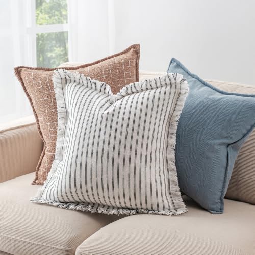 Image of ZWJD Throw Pillow Covers 16x16 Set of 2 Striped Pillow Covers with Fringe Chic Cotton Decorative Pillows Square Cushion Covers for Sofa Couch Bed Living Room Farmhouse Decor, (Black)