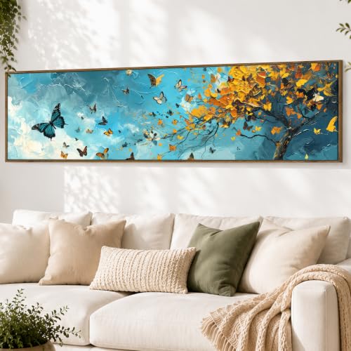Image of Large Canvas Painting Panel Framed Wall Painting Blue and Yellow Butterfly Tree Framed Luxury Paintings for Home Decoration, Living room, Bedroom and Office Decor (Blue, 13x47 Inch)