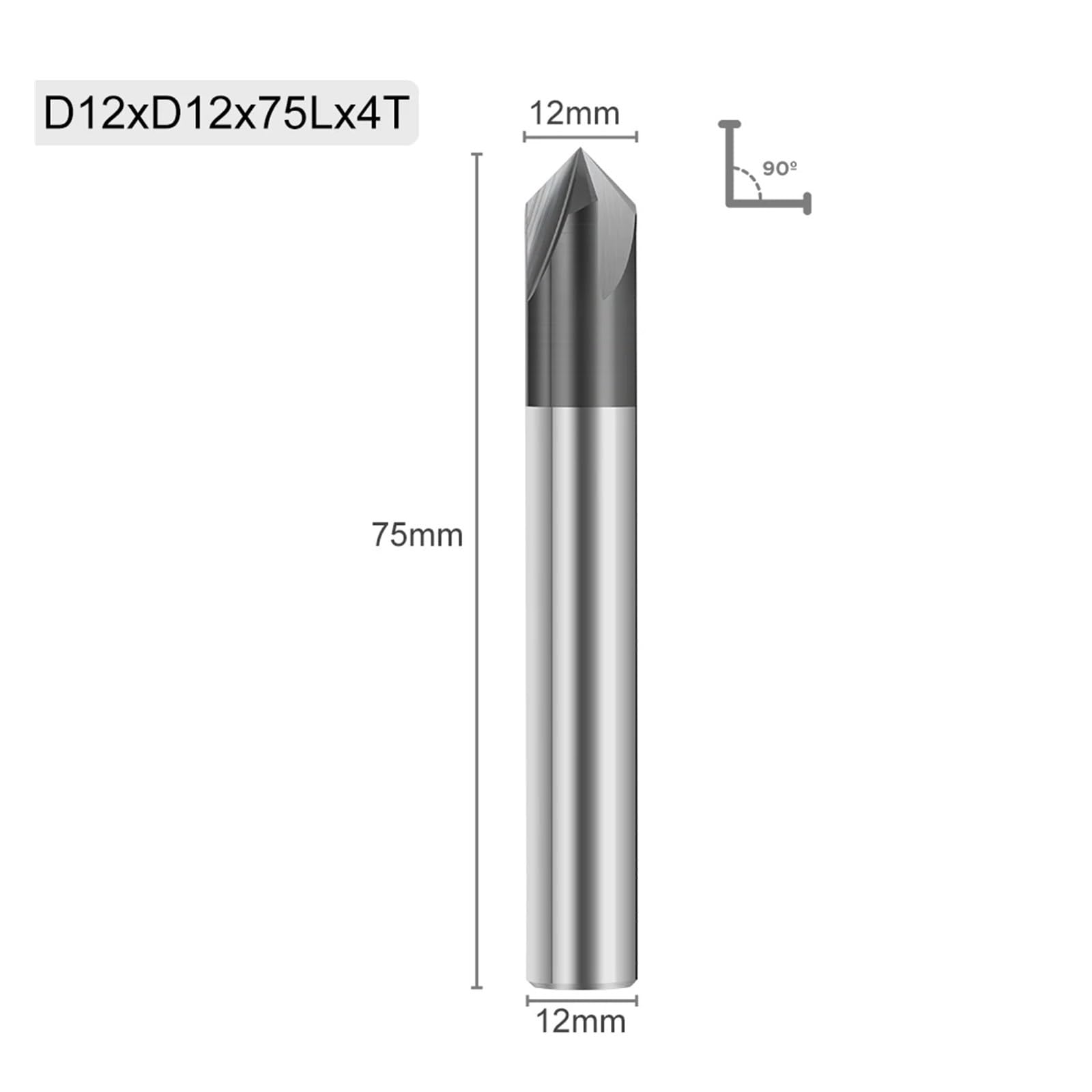 Zestaw wierteł stożkowych z węglika spiekanego, 4 ostrza, 3-25 mm, frez do rowków w kształcie litery V 90 stopni, obróbki drewna i grawerowania(12xD12x75L)