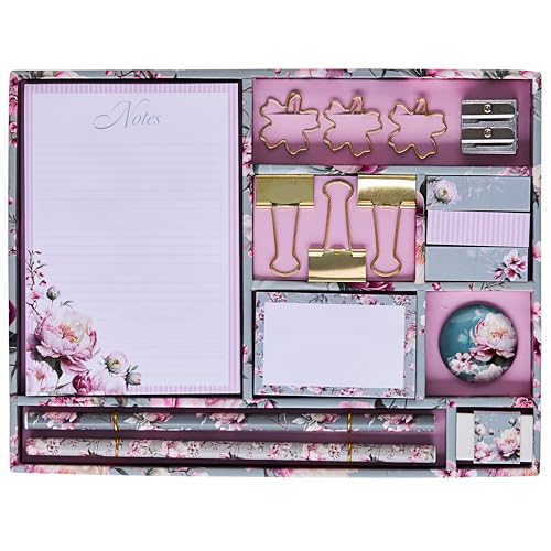 Design By Violet Harmony Stationery Set Elegant Floral Desk Set with Notepad Sticky Notes Clips & More Perfect for Mothers Day Birthdays and Stationary Lovers