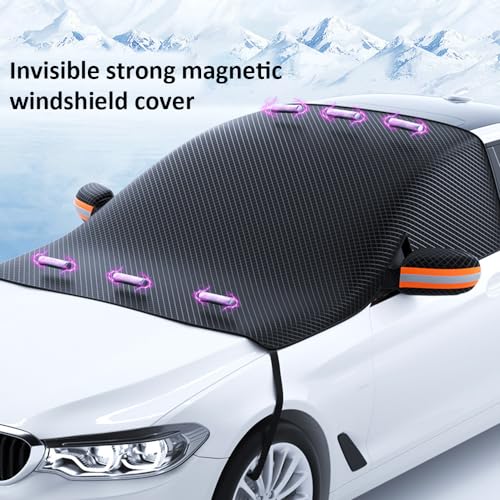 Image of Car Windshield Snow Cover, Magnetic Windshield Cover, Multi-Directional Protection, Universal Fit Waterproof Windproof Sunshade Snow Cover with Side Mirrors Cover Fits Most Cars Trucks SUVs, Orange