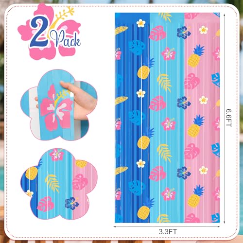 Image of Tiamon 2 Pack Cartoon Hawaiian Party Decorations 3.3 x 6.6 Ft Blue Pink Hawaiian Foil Fringe Curtains Wall Backdrop Tinsel Streamers Photo Booth for Tropical Luau Baby Shower Birthday Party Supplies