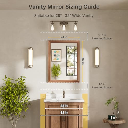 Image of 24x32 Inch Bathroom Mirror for Wall, Anti-Rust Walnut Wood Grain Metal Framed Bathroom Mirrors for Over Sink,Rectangler Mirrors for Bathroom Vanity, Farmhouse, Bedroom, Living Room, Entryway Decor