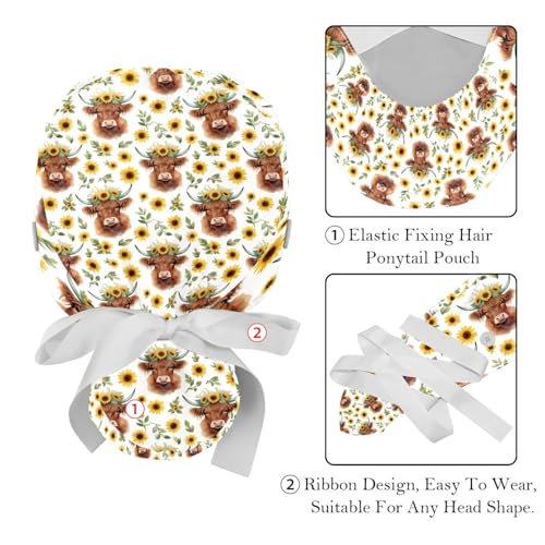 Image of 2 PCS Bouffant Cap with Button Ponytail Pouch Working Cap Sweatband Adjustable Surgical Cap Black and White Cow