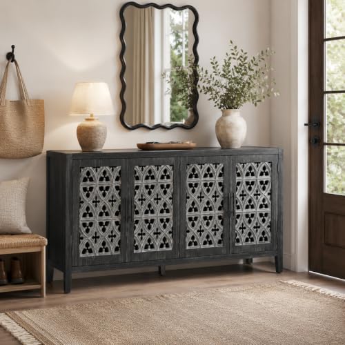 Image of Black Farmhouse Buffet Sideboard Cabinet with Carved Doors, Vintage Accent Storage Cabinet for Dining Room, Living Room, Entryway & Coffee Bar