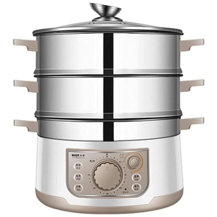 3-poziomowy wielofunkcyjny garnek do gotowania na parze ze stali nierdzewnej – energooszczędny 1500 W, 13 l, minutnik 60 minut, 3 wyjmowane miski na mięso, pierogi, ryż – kompaktowe przechowywanie
