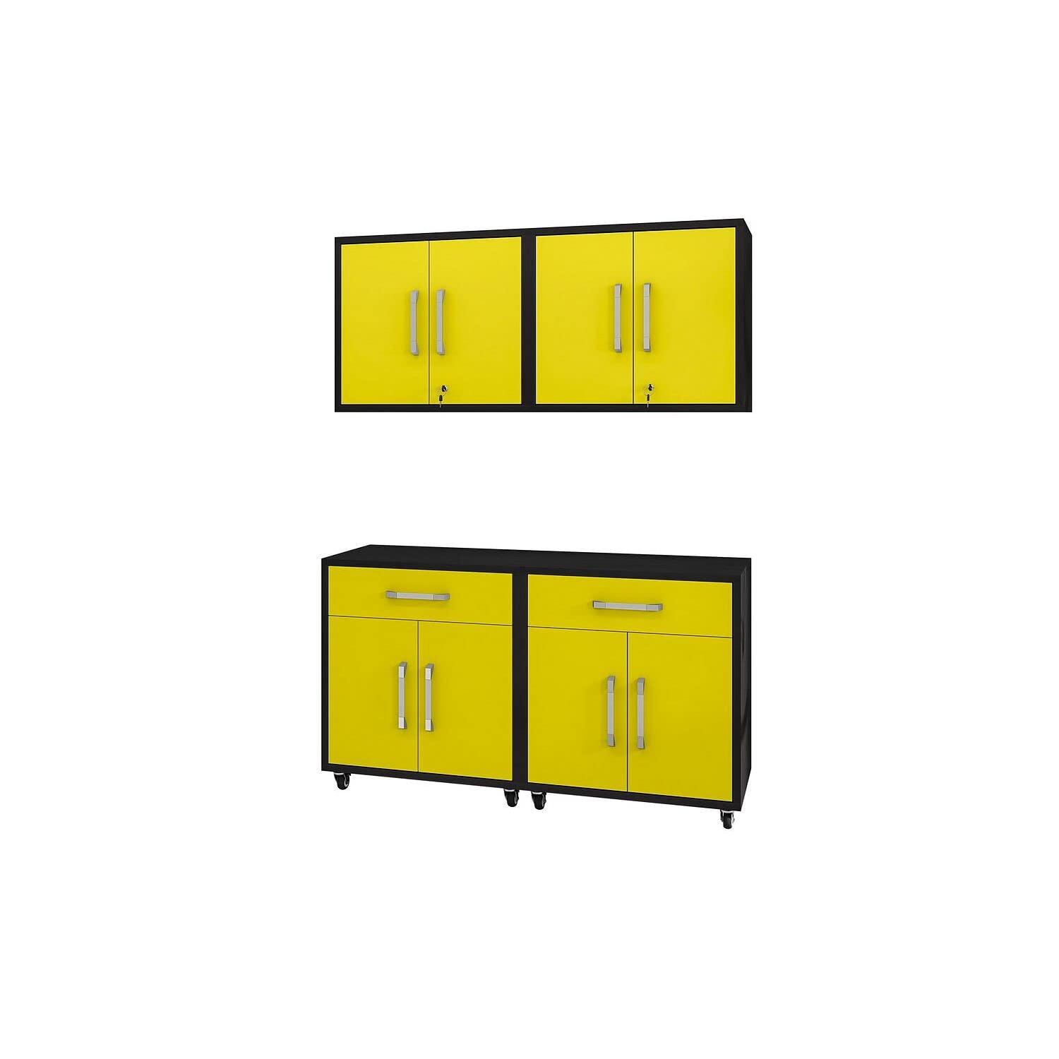 Manhattan Comfort Eiffel Garage Cabinets and Storage System, Set of 4, Matte Black and Yellow