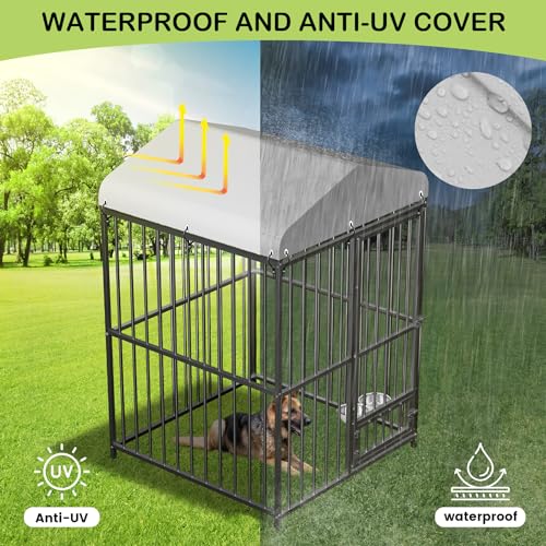 Large Outdoor Dog Kennel with Waterproof Cover, Large Dog House with Feeding Doors, Heavy Duty Dog Enclosures for Garden Backyard Courtyard（4×4×6FT）