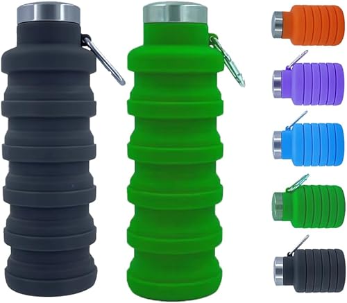 Ummigi Botellas de agua plegables, paquete de 2 botellas de agua de silicona de viaje sin BPA con mosquetón, 17 onzas, reutilizable, plegable,