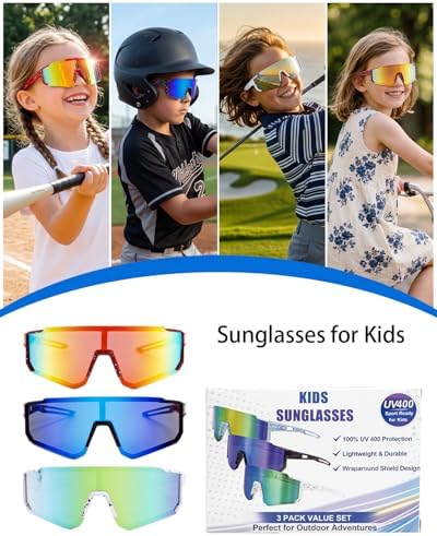 3 Pack Kids Sunglasses for Boys Girls Aged 5-16, Sunglasses for Baseball — view 6