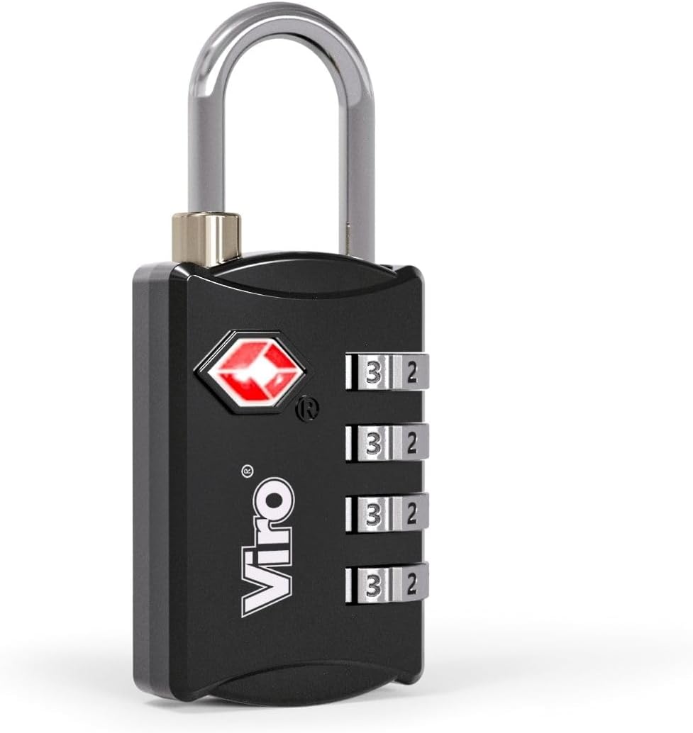 Virò | Lucchetto TSA a Combinazione Variabile, 4 Combinatori, Corpo in Zama e Arco in Acciaio Cromato, Nero