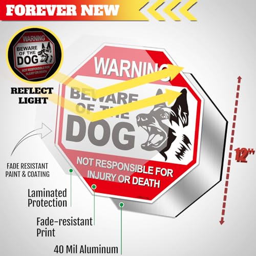 Anley Beware of The Dog Aluminum Warning Sign, No Responsible For Injury Or Death Warning Dog Sign - UV Protected and Weatherproof - 12" x 12"