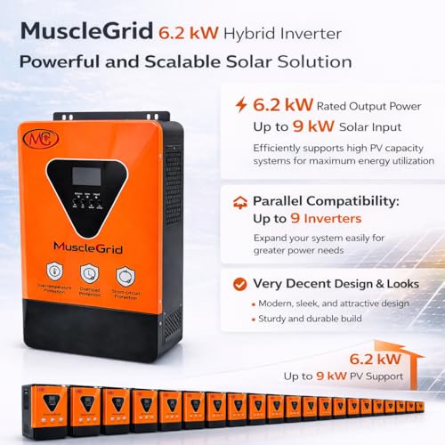 Image of MuscleGrid Titan Series 6.2kW Hybrid Solar Inverter | 48V System | 120A Battery Charger | 27A PV Input | Up to 9kW Solar Support | Parallel up to 9 Inverters | WiFi Monitoring | VoltDoctor Support App