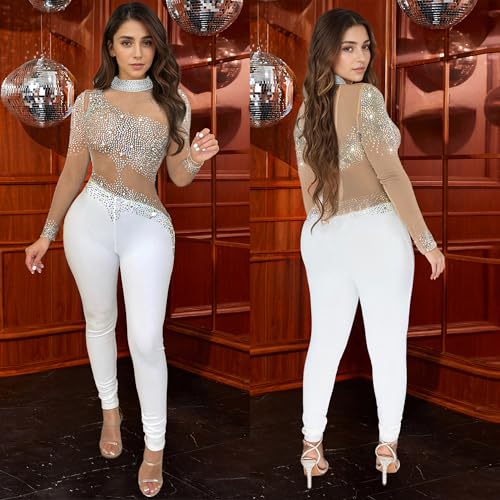 Image of Jigfar Women Sexy Embellished Rhinestone Bodycon Jumpsuit Mesh See Through Patchwork Birthday Party Night Out Clubwear