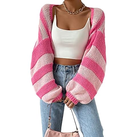 GORGLITTER Women's Color Block Striped Bolero Shrug Sweater Long Sleeve Open Front Crop Cardigan Top Outerwear Pink Small Cover