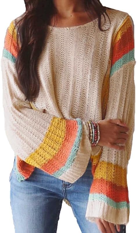 Womens 2026 Spring Summer Casual Crewneck 3/4 Sleeve Striped Lightweight Knit Trendy Boho Tops Pullover Sweaters
