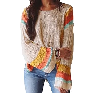 Dokotoo Womens 2025 Summer Tops Casual Color Block Striped Lightweight Knit Trendy Boho Clothes Pullover Sweaters