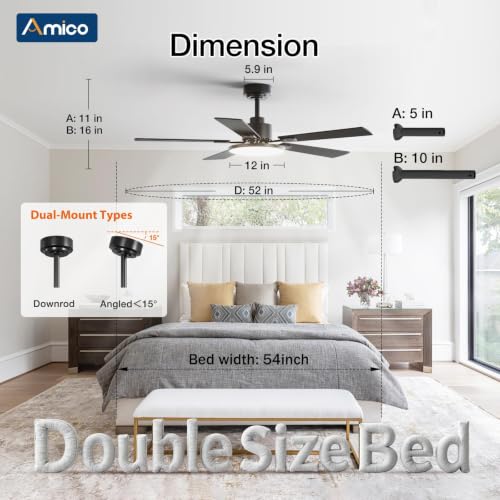 Image of Amico 52 Inch Smart Ceiling Fans with Lights, Downrod Mount, Black | Compatible with Alexa /Remote /App, Sloped, 6 Speeds, Dimmable 3CCT, Quiet Reversible DC Motor, Timer, Bedroom, Living room