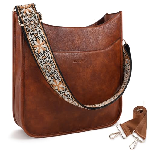 Image of HKCLUF Crossbody Bag for Women Vegan Leather Hobo Handbags Guitar Strap Purse Shoulder Bucket Bag with 2PCS Adjustable Straps