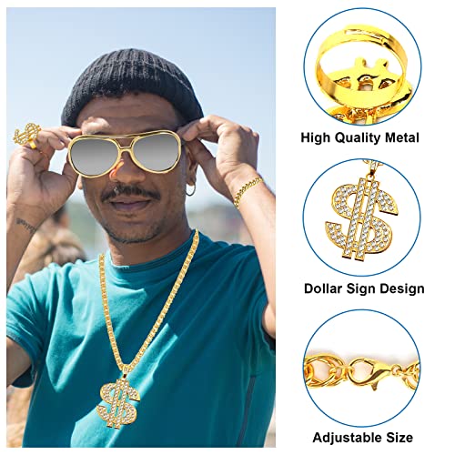 prota 4Pcs Hip Hop Costume Kit, 80s 90s Dollar Sign Necklace Sunglasses Bracelet Rings Hip Hop Costume Set for Women Men Rapper Fancy Dress Carnival Accessories - Image 2