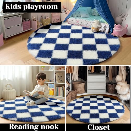 Image of KICMOR Round Rugs 5ft Blue and Cream White Circle Area Rug, Fluffy Soft Fuzzy Shag Shaggy Bedroom Living Room Carpet, Indoor Checkered Circular Rug for Kids Boys Girls Home Decor Aesthetic, Nursery